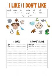 English Worksheet: I like / I dont like -animals