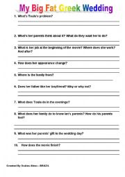 English worksheet: Worksheet about the FILM My big fat Greek wedding