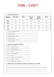 English Worksheet: CAN / CANT