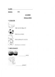 English Worksheet: Test.Animals. Numbers. Toys. A/An. Adjectives