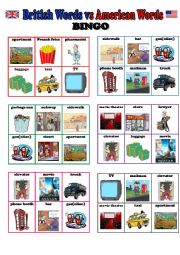 English Worksheet: BINGO (British English vs American English) - 24 different cards