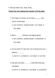 English Worksheet: 9. Phrasal Verbs Turn, Wear, Work,