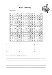 English Worksheet: British monarchy wordsearch