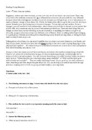 English Worksheet: Reading Comprehension, 9th grade, Tunisian System.