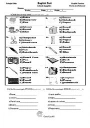 English Worksheet: School Supplies test