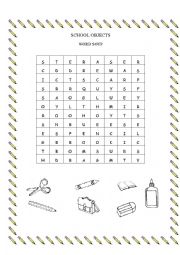 English Worksheet: School objects word soup