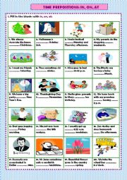 English Worksheet: Time prepositions: in, on, at (+ key)