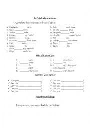 English Worksheet: Abilities - can/cant + animals