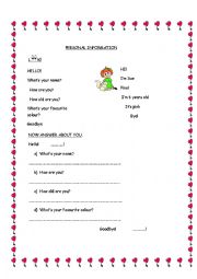 English worksheet: PERSONAL INFORMATION FOR KIDS!!!