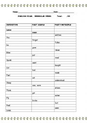 English Worksheet: ENGLISH EXAM IRREGULAR VERBS