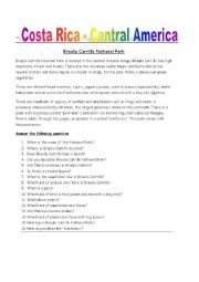 English Worksheet: Braulio Carrillo National Park Costa Rica