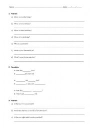 English worksheet: Questions and pronouns