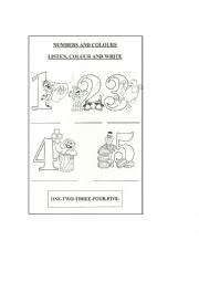 English worksheet: Numbers. Listen, colour and complete