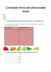 English Worksheet: Countable nouns and uncountable nouns