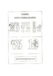 English worksheet: Numbers. Listen, colour and complete