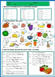 English Worksheet: Food - TEST *countables/uncountables; a/an/some/any; food vocabulary; useful restaurant phrases*