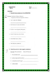 English Worksheet: make up test on verb be in the negative, articles a / an, jobs, feelings, nationalities