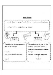 English worksheet: Main Clauses (subject & predicate)