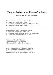 English Worksheet: Phonics Tongue Twisters- practicing W, S, Z, P