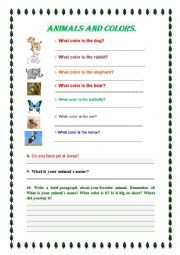 English worksheet: Animals and colors.