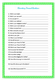English Worksheet: More personal questions