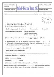 English Worksheet: mid term test for second year secondary school