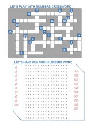English Worksheet: Number crossword and word search
