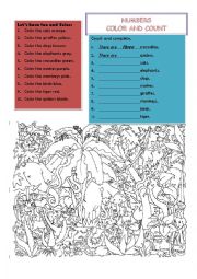 English Worksheet: Numbers, Color and Count