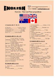 English Worksheet:  IN - ON - AT :  Time and Place prepositions.