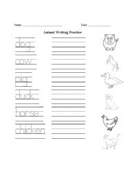 English Worksheet: Farm Animal Handwriting Practice and Matching