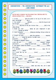 English Worksheet: Infinitive+TO, Infinitive without TO & .....ING  Form