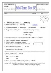 English Worksheet: Mid-term test for third year secondary students