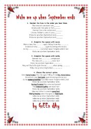 English Worksheet: Song Wake me up when September ends by Green Day