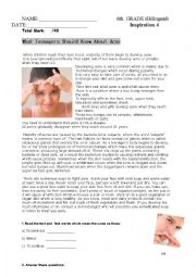 English Worksheet: what teenagers shoud know about acne
