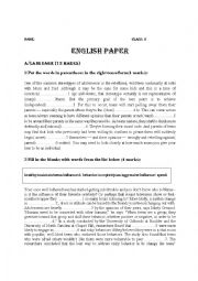 English Worksheet: Grammar test for 3rd form (about teenagers)