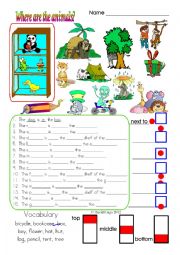 English Worksheet: Where are the animals? in colour and greyscale with key