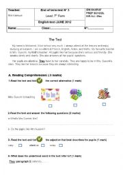 English Worksheet: 7th form:End of 3rd term test