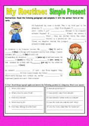 English Worksheet: My routine. Present Tense (Affirmative, negative and questions)