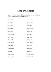 English worksheet: Short i, Long e Listening & Speaking Practice