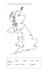 English Worksheet: UK MAP (countries and cities)