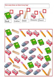 English Worksheet: How many items in my school bag?