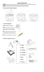 English Worksheet: colors & school objects test