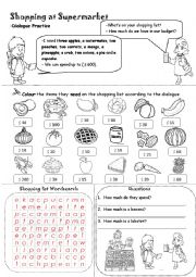 Shopping at Supermarket (Wordsearch and Questions)