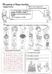 English Worksheet: Shopping at Supermarket (Wordsearch and Questions)