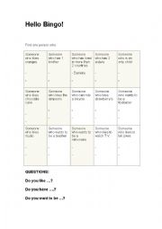 English Worksheet: Hello Bingo