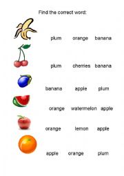 English Worksheet: Fruits: find the correct word.