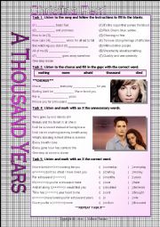 English Worksheet: SONG WORKSHEET - A THOUSAND YEARS (Christina Perri)