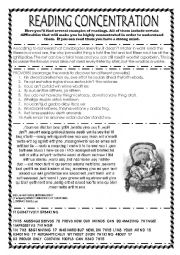 English Worksheet: READING CONCENTRATION CHALLENGE