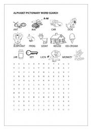 English Worksheet: ALPHABET PICITONARY WORD SEARCH A-M
