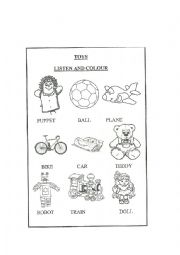 English Worksheet: Toys. Listen and colour.
